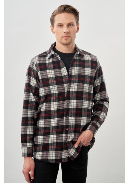 Siyah Yünlü Ekose Desen Yumuşak Yaka Cepsiz Uzun Kol Casual Comfort Fit Gömlek 1004245227 modelleri