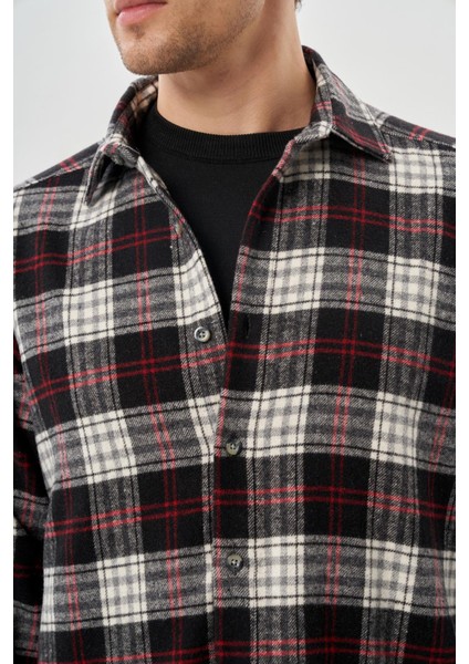 Siyah Yünlü Ekose Desen Yumuşak Yaka Cepsiz Uzun Kol Casual Comfort Fit Gömlek 1004245227 fırsatları