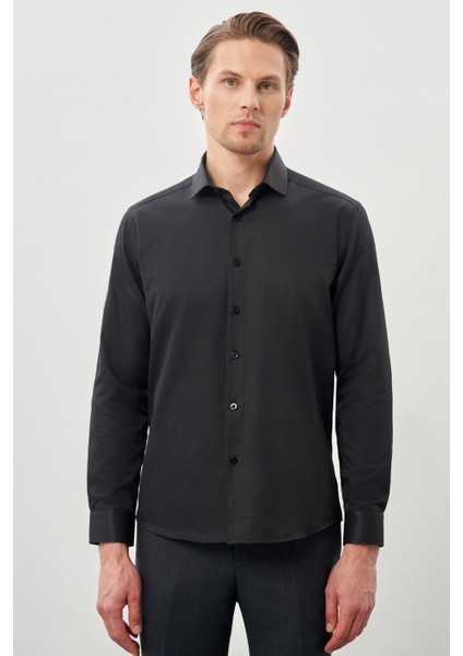 Siyah Uzun Kol Düz Bez Ayağı Yarım İtalyan Yaka Cepsiz Pamuklu Classic Slim Fit Gömlek 1004245268