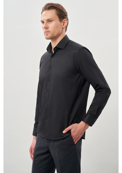 Siyah Uzun Kol Düz Bez Ayağı Yarım İtalyan Yaka Cepsiz Pamuklu Classic Slim Fit Gömlek 1004245268 modelleri