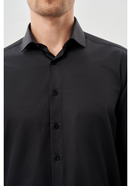Siyah Uzun Kol Düz Bez Ayağı Yarım İtalyan Yaka Cepsiz Pamuklu Classic Slim Fit Gömlek 1004245268 fırsatları