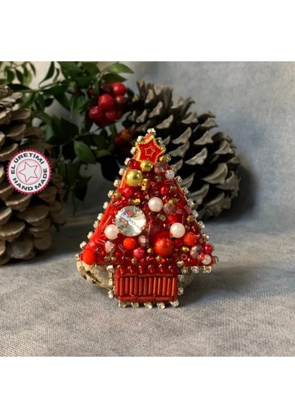 El Yapımı Keçe Kırmızı Yılbaşı Ağacı Broş - 6 x 7 cm