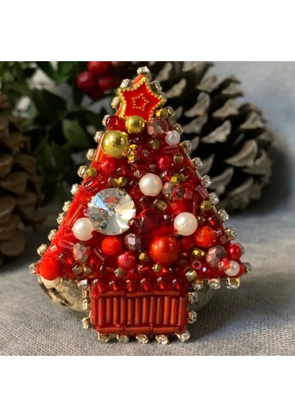 El Yapımı Keçe Kırmızı Yılbaşı Ağacı Broş - 6 x 7 cm