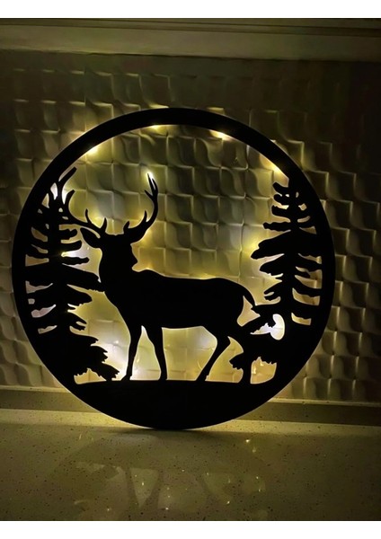Siyah LED Işıklı Geyikli ve Çam Ağaçlı Yuvarlak Mdf Dekoratif Obje Hediyelik Eşya 50 cm fiyatları