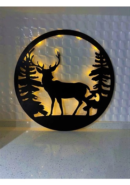 Siyah LED Işıklı Geyikli ve Çam Ağaçlı Yuvarlak Mdf Dekoratif Obje Hediyelik Eşya 50 cm modelleri