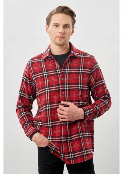 Bordo Yünlü Ekose Desen Yumuşak Yaka Cepsiz Uzun Kol Casual Comfort Fit Gömlek 1004245227 modelleri