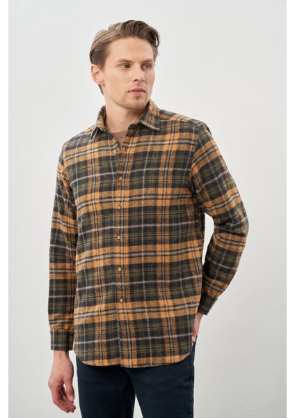Hardal Yünlü Ekose Desen Yumuşak Yaka Cepsiz Uzun Kol Casual Comfort Fit Gömlek 1004245227 modelleri
