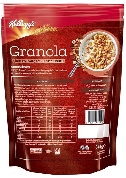 Çikolata Parçacıklı&fındıklı Granola 340 gr x 10 Adet,%44 Yulaf Içerir, Lif Kaynağı