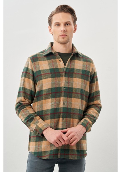 Camel Yünlü Ekose Desen Yumuşak Yaka Cepsiz Uzun Kol Casual Comfort Fit Gömlek 1004245227