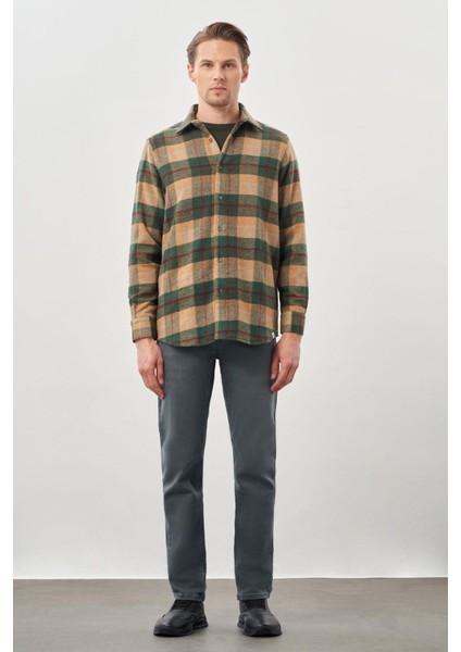 Camel Yünlü Ekose Desen Yumuşak Yaka Cepsiz Uzun Kol Casual Comfort Fit Gömlek 1004245227 fiyatları