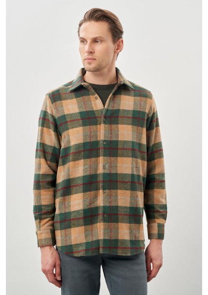 Camel Yünlü Ekose Desen Yumuşak Yaka Cepsiz Uzun Kol Casual Comfort Fit Gömlek 1004245227 modelleri