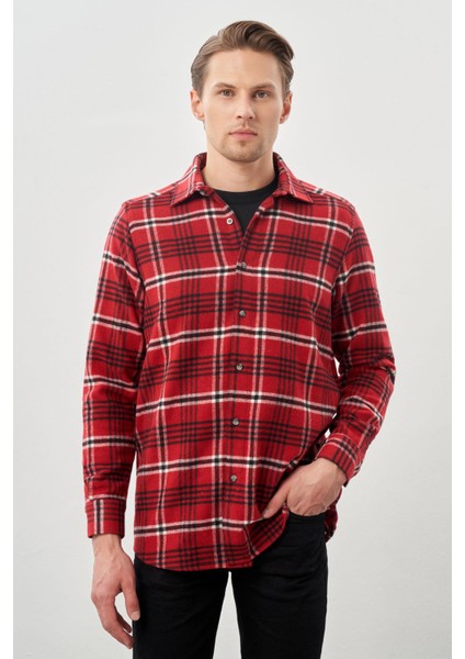 Açık Kırmızı Yünlü Ekose Desen Yumuşak Yaka Cepsiz Uzun Kol Casual Comfort Fit Gömlek 1004245227
