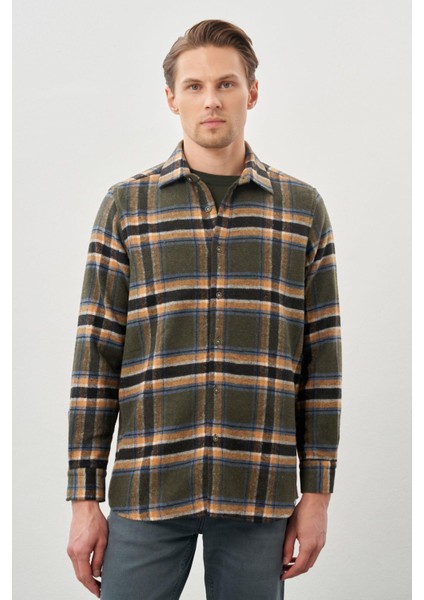 Koyu Haki Yünlü Ekose Desen Yumuşak Yaka Cepsiz Uzun Kol Casual Comfort Fit Gömlek 1004245227