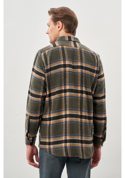 Koyu Haki Yünlü Ekose Desen Yumuşak Yaka Cepsiz Uzun Kol Casual Comfort Fit Gömlek 1004245227 indirimleri