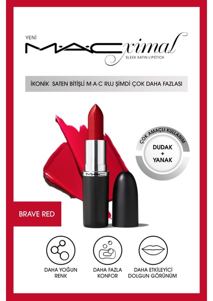 MACximal Sleek Satin Lipstick İkonik Saten Bitişli Ruj-BRAVE RED 3.5GM