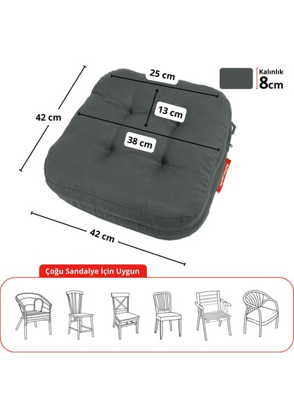 Çift Kat Sandalye Minderi Fermuarlı Yıkanabilir Kılıf Bağcıklı Su Ve Yağ Itici 42x42x8 Antrasit