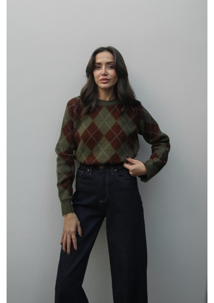 Haki Haley Baklava Desenli Kazak