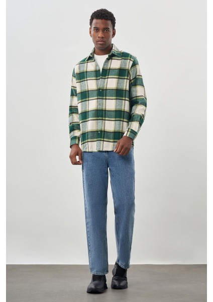 Koyu Lacivert Yünlü Ekose Desen Yumuşak Yaka Cepsiz Uzun Kol Casual Comfort Fit Gömlek 1004245227 fiyatları