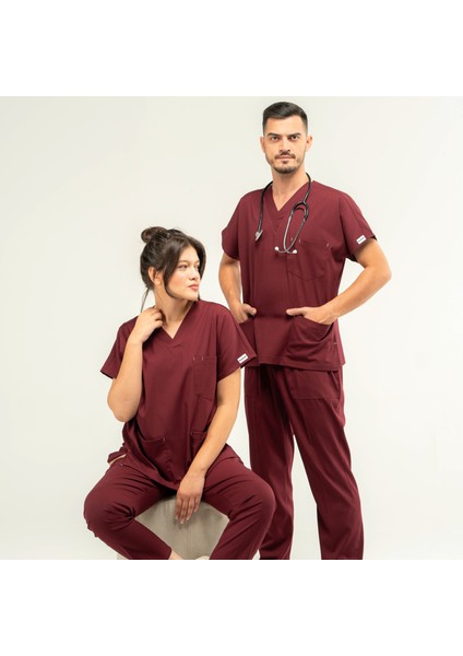 Core Flex Lüks Likralı Unisex Medikal Bordo Alt Üst Takım Doktor Hemşire