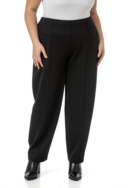 Büyük Beden Yarım Şalvar Beli Arkadan Lastikli Cepli Siyah Pantolon