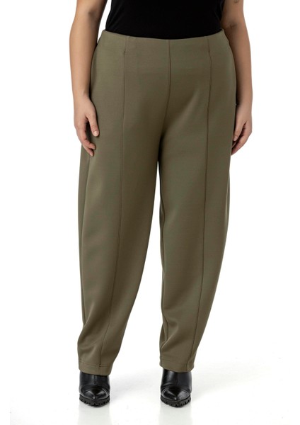 Büyük Beden Yarım Şalvar Beli Arkadan Lastikli Cepli Haki Pantolon