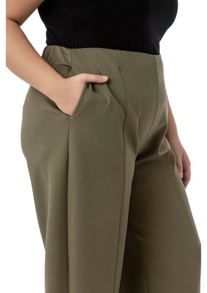 Büyük Beden Yarım Şalvar Beli Arkadan Lastikli Cepli Haki Pantolon fırsatları
