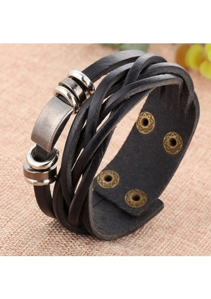 Deri Siyah Renk Ayarlanabilir Ölçülü Bileklik