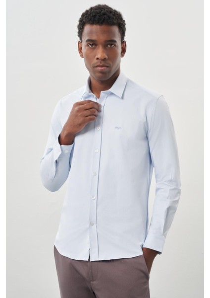 Koyu Mavi Uzun Kollu Sert Yaka Cepsiz Pamuklu Likralı Klasik Slim Fit Dar Kesim Gömlek 1004245234