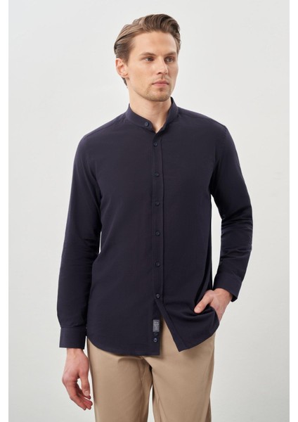 Lacivert Uzun Kol Düz Bez Ayağı Hakim Yaka Cepsiz Pamuk Casual Slim Fit Gömlek 1004245270_201