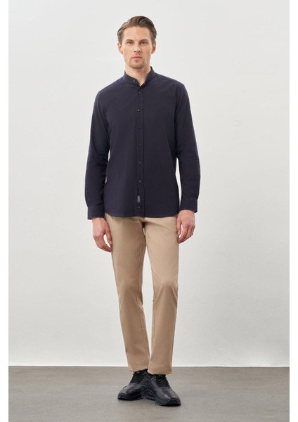 Lacivert Uzun Kol Düz Bez Ayağı Hakim Yaka Cepsiz Pamuk Casual Slim Fit Gömlek 1004245270_201 fiyatları