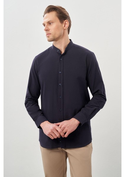 Lacivert Uzun Kol Düz Bez Ayağı Hakim Yaka Cepsiz Pamuk Casual Slim Fit Gömlek 1004245270_201 modelleri