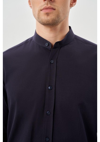 Lacivert Uzun Kol Düz Bez Ayağı Hakim Yaka Cepsiz Pamuk Casual Slim Fit Gömlek 1004245270_201 fırsatları