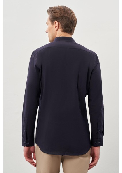 Lacivert Uzun Kol Düz Bez Ayağı Hakim Yaka Cepsiz Pamuk Casual Slim Fit Gömlek 1004245270_201 indirimleri