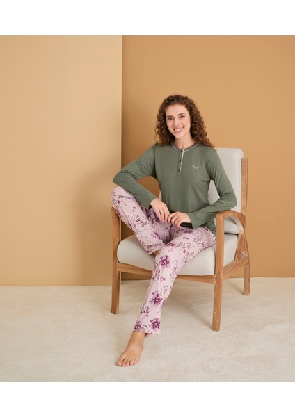Düğmeli Nakış Detaylı Kadın Pijama Takımı 3121