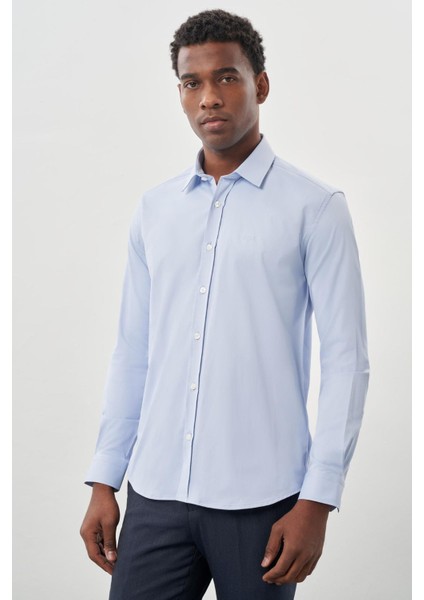 Mavi Uzun Kollu Sert Yaka Cepsiz Pamuklu Likralı Klasik Slim Fit Dar Kesim Gömlek 1004245234