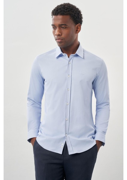 Mavi Uzun Kollu Sert Yaka Cepsiz Pamuklu Likralı Klasik Slim Fit Dar Kesim Gömlek 1004245234