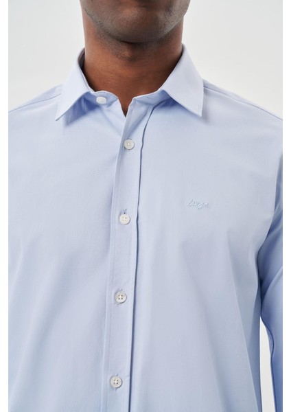 Mavi Uzun Kollu Sert Yaka Cepsiz Pamuklu Likralı Klasik Slim Fit Dar Kesim Gömlek 1004245234