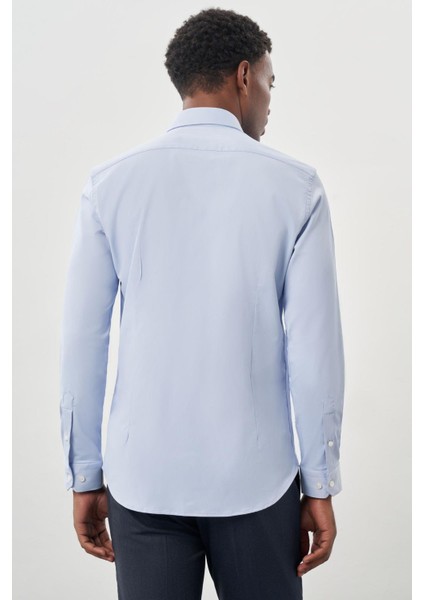 Mavi Uzun Kollu Sert Yaka Cepsiz Pamuklu Likralı Klasik Slim Fit Dar Kesim Gömlek 1004245234