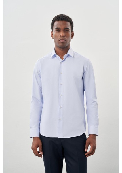 Koyu Mavi Uzun Kol Armürlü Sert Yaka Cepsiz Pamuklu Classic Slim Fit Gömlek 1004245226 modelleri