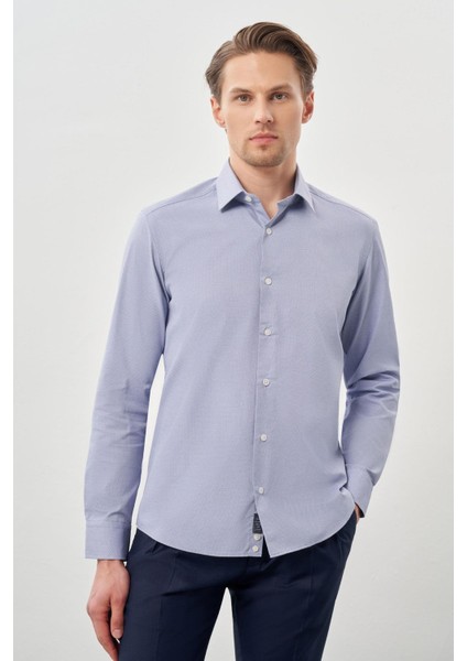 Koyu Lacivert Uzun Kol Kendinden Desenli Armürlü Sert Yaka Cepsiz Pamuklu Classic Slim Fit Gömlek 1004245226_200