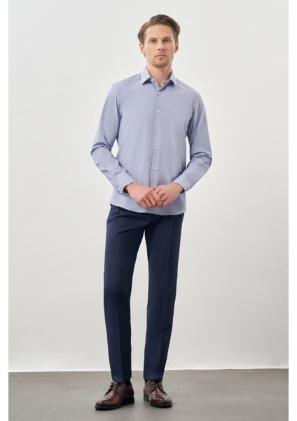 Koyu Lacivert Uzun Kol Kendinden Desenli Armürlü Sert Yaka Cepsiz Pamuklu Classic Slim Fit Gömlek 1004245226_200 fiyatları