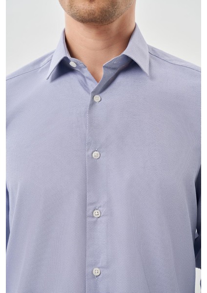 Koyu Lacivert Uzun Kol Kendinden Desenli Armürlü Sert Yaka Cepsiz Pamuklu Classic Slim Fit Gömlek 1004245226_200 fırsatları