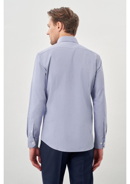 Koyu Lacivert Uzun Kol Kendinden Desenli Armürlü Sert Yaka Cepsiz Pamuklu Classic Slim Fit Gömlek 1004245226_200 indirimleri