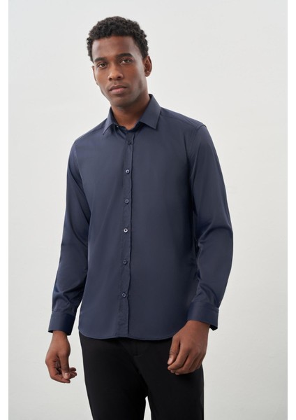 Koyu Lacivert Uzun Kol Düz Bez Ayağı Sert Yaka Cepsiz Esnek Classic Slim Fit Gömlek 1004245223_200