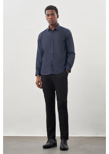 Koyu Lacivert Uzun Kol Düz Bez Ayağı Sert Yaka Cepsiz Esnek Classic Slim Fit Gömlek 1004245223_200 fiyatları
