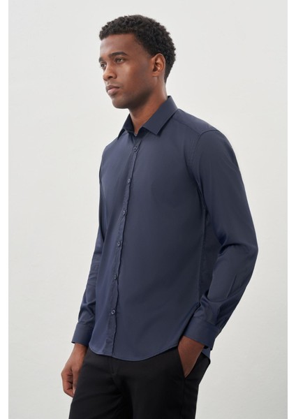 Koyu Lacivert Uzun Kol Düz Bez Ayağı Sert Yaka Cepsiz Esnek Classic Slim Fit Gömlek 1004245223_200 modelleri
