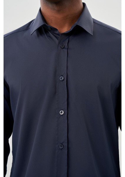 Koyu Lacivert Uzun Kol Düz Bez Ayağı Sert Yaka Cepsiz Esnek Classic Slim Fit Gömlek 1004245223_200 fırsatları