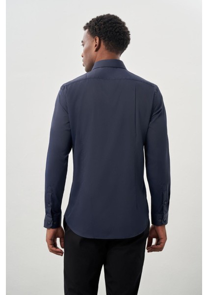 Koyu Lacivert Uzun Kol Düz Bez Ayağı Sert Yaka Cepsiz Esnek Classic Slim Fit Gömlek 1004245223_200 indirimleri