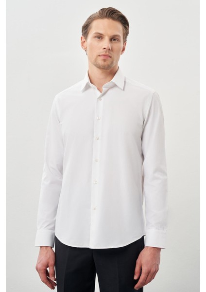 Beyaz Uzun Kol Kendinden Desenli Armürlü Sert Yaka Cepsiz Pamuklu Classic Slim Fit Gömlek 1004245226_600
