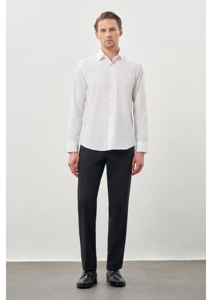 Beyaz Uzun Kol Kendinden Desenli Armürlü Sert Yaka Cepsiz Pamuklu Classic Slim Fit Gömlek 1004245226_600 fiyatları